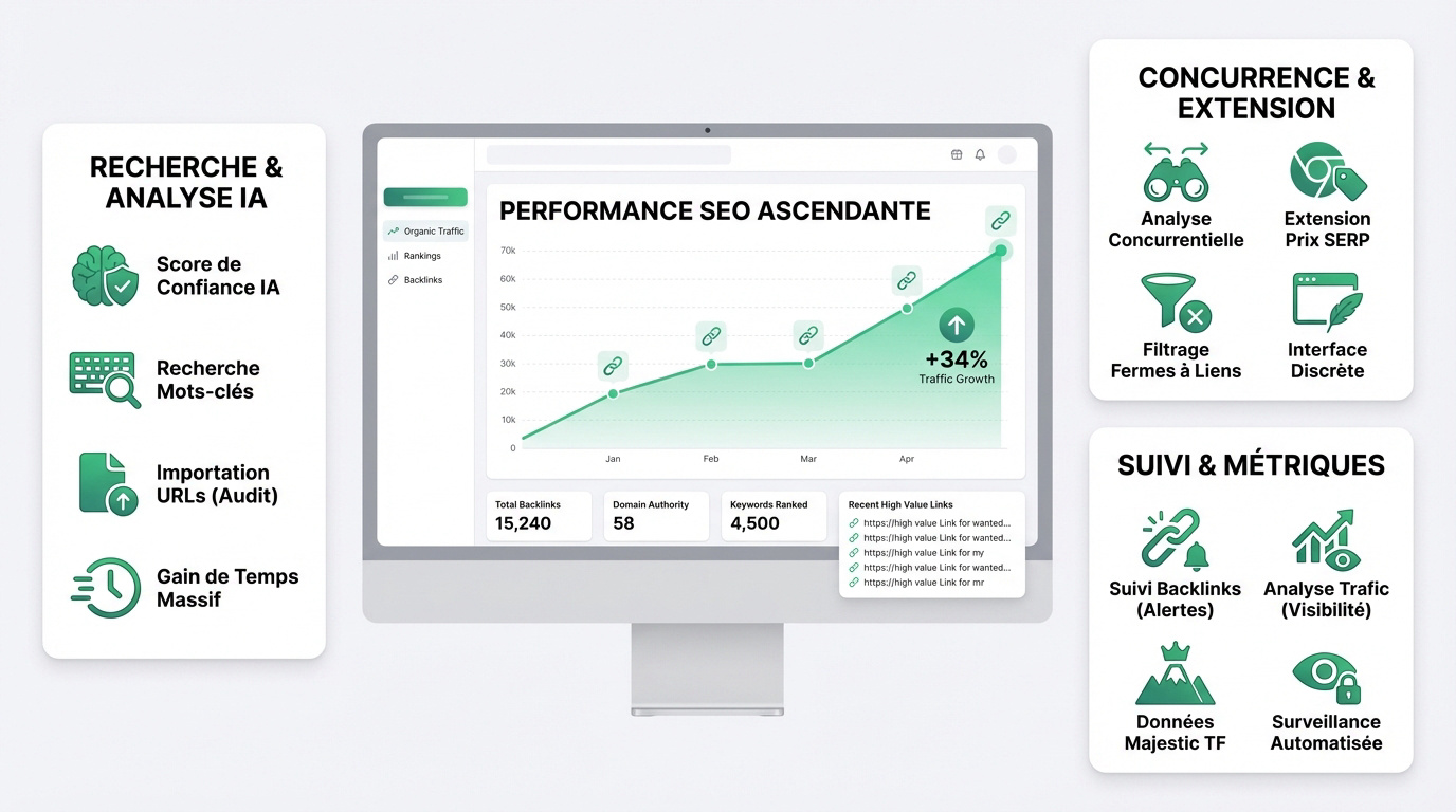 Interface du tableau de bord LinkFinder pour l'analyse SEO et le netlinking