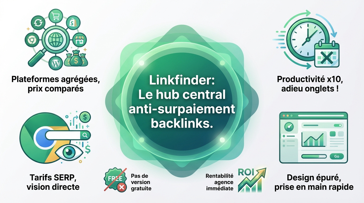Interface de l'outil Linkfinder affichant les prix des backlinks et métriques SEO
